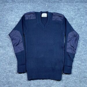 Military Style Navy Blue Ribbed V-Neck Commando Sweater XL Elbow Patches RN37572